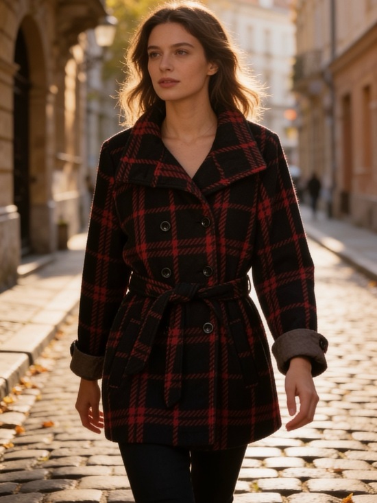 Lady Hathaway Jackets & Blazers - Lady Hathaway Red and Black Plaid Fleece Peacoat Medium